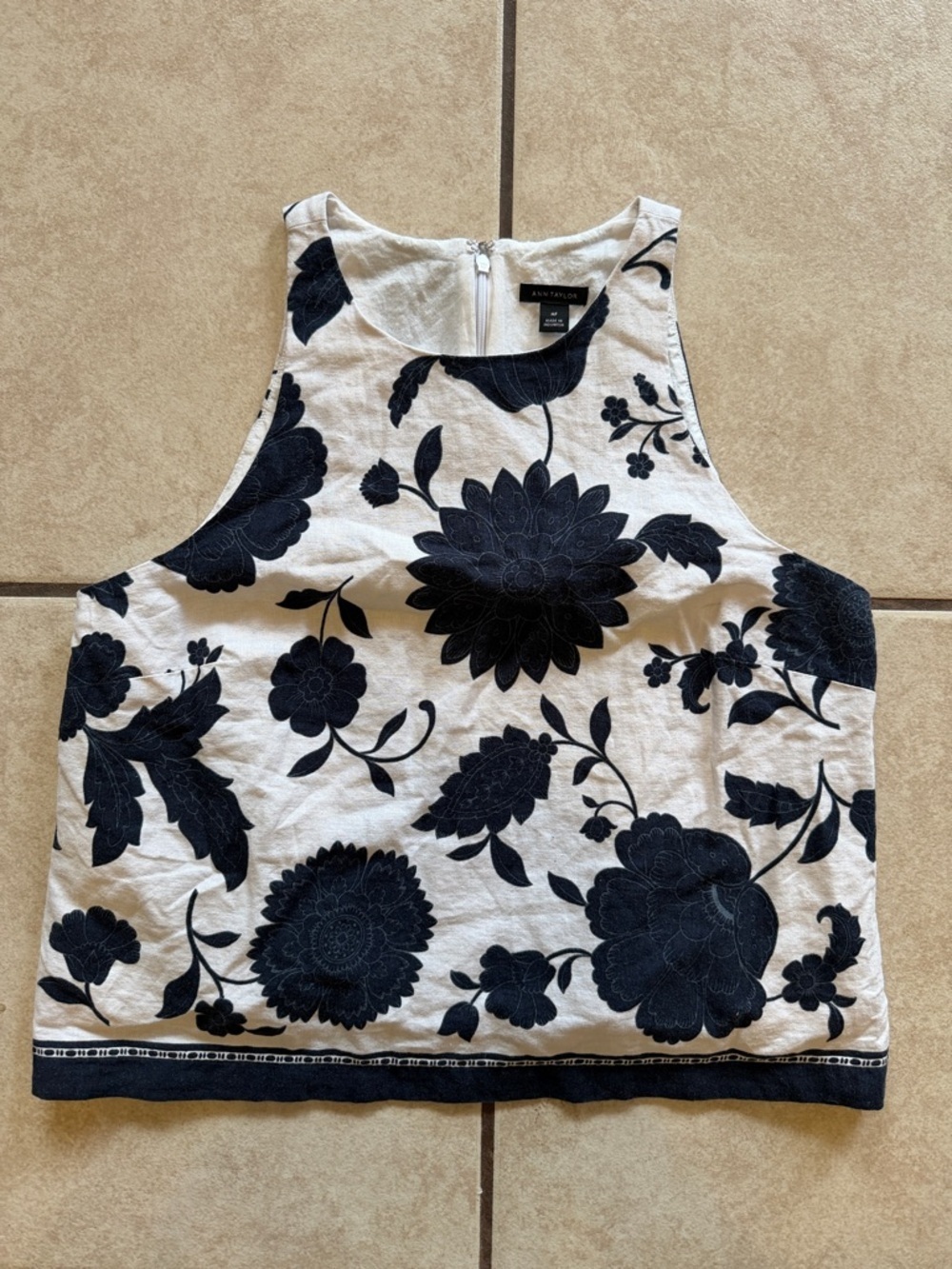 Anne Klein White Crop Tank with navy Floral Appliqué